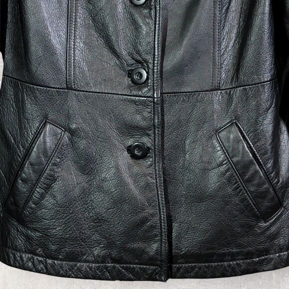 Wilsons Maxima Womens Black Leather Jacket Large VTG 90s Button Front Pockets - Picture 5 of 13
